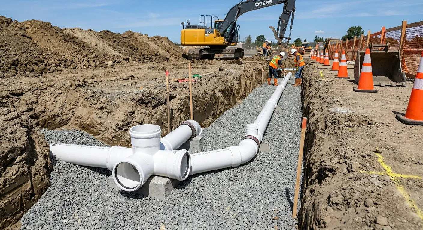 New PVC sewer pipe installation in open trench for Sewer Backup in Worcester